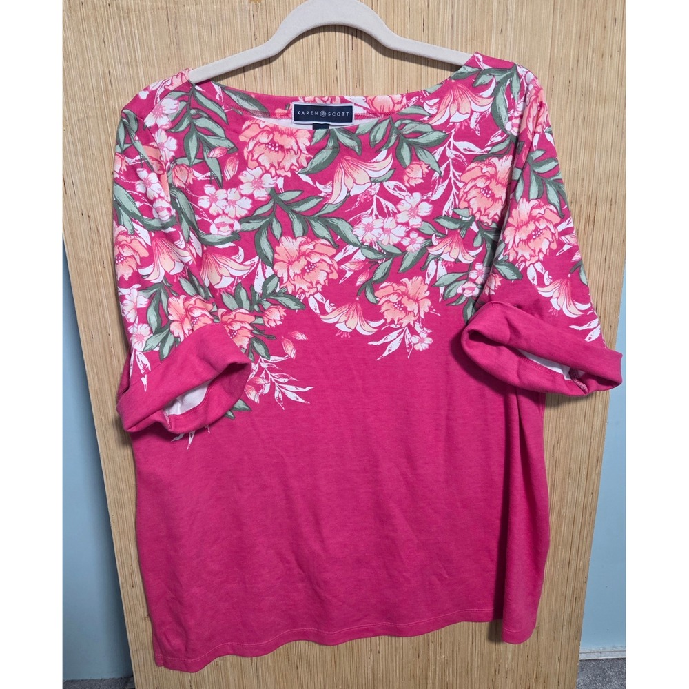 Karen Scott Womens 1X Pink Floral Boat Neck Cuffed Sleeve Cotton Blend Knit Top
